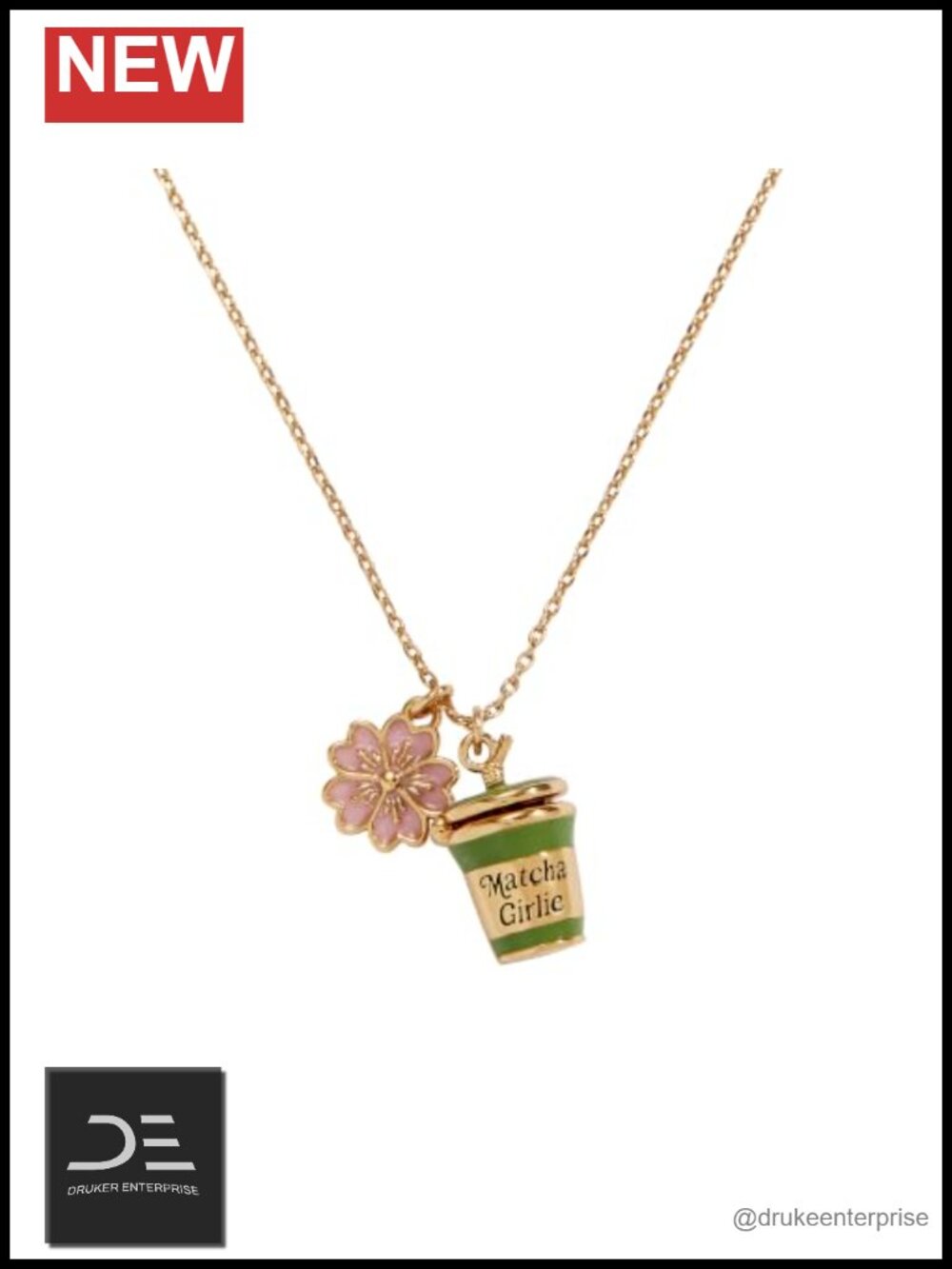 Matcha Girlie Charm Necklace Gold-Plated Brass Adjustable Crystal Cherry Blossom